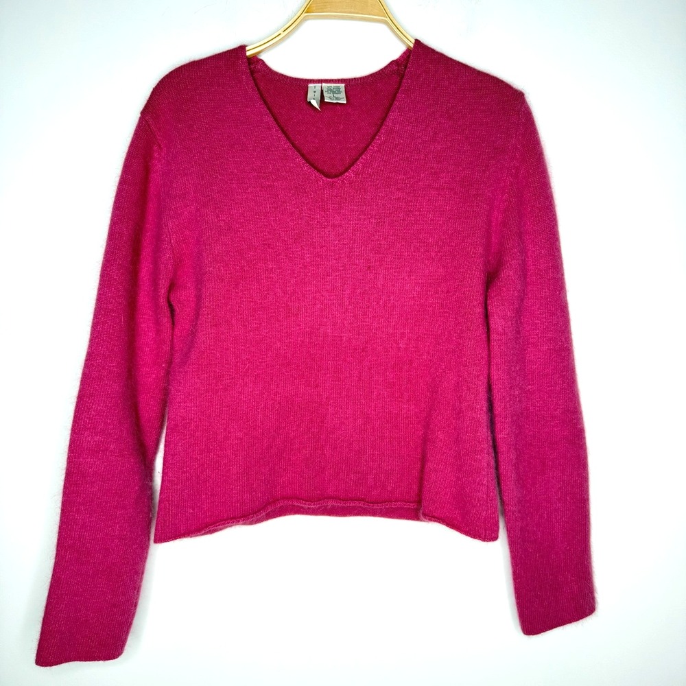 Twiggy Angora‎ Blend V-Neck Sweater Womens Large Fuchsia Pink Fuzzy Knit